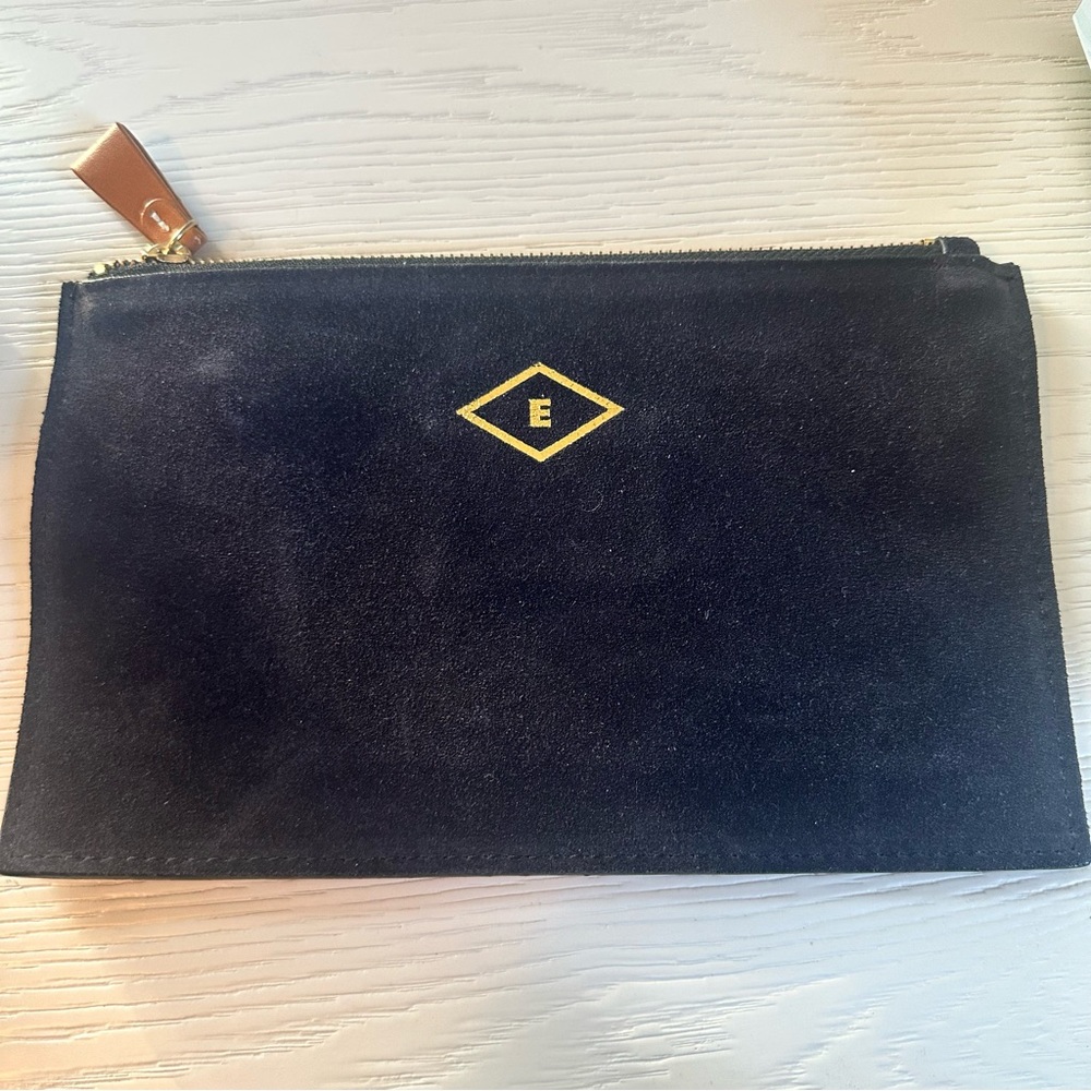 Boulevard Navy Italian Suede Monogram Letter E Zipper Clutch Pouch NWOT